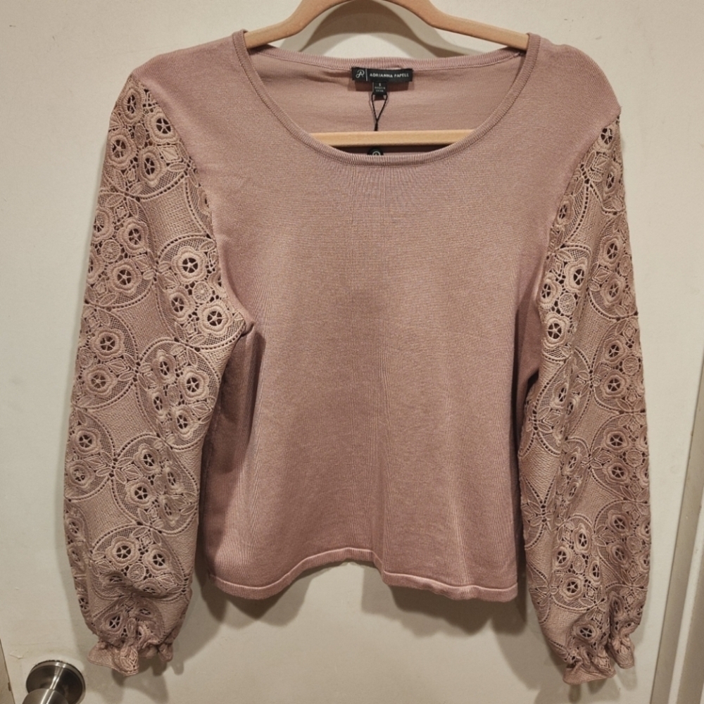 Adrianna Papell NWT Light Mauve Lace Puff Sleeve Sweater Top Sz S Cottagecore